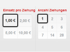 Die Optionen des Keno Lotto Spielscheins für Anzahl der Ziehungen und Einsätze